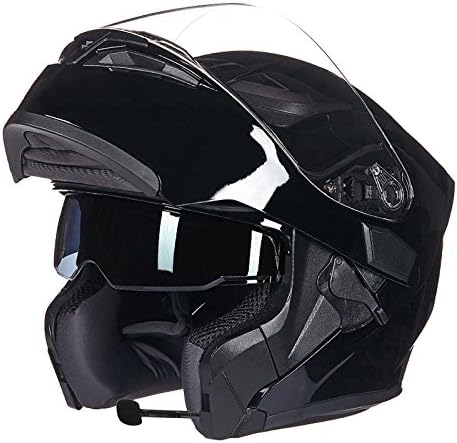 XERT Helmets Motorbike Off-road Downhill Anti-fog For Men BMX Helmets Ladies Double Lenses Bluetooth Flip-Up Full Face Scooter Helmet,BrightBlack-M(50-27cm)