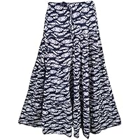 Mogul Interior Womens Flare Skirt Printed Blue Boho Hippie Beach Long Flirty Skirt M