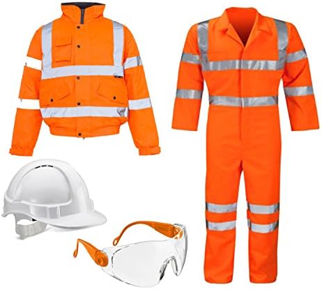 Safety Wear Bundle (XX Large) For Men 4 Items - Hi Viz Bomber Jacket And Hi Visibility Coverall- Hard Hat Safety Helmet And Safety Specs For Eye Protection