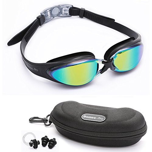 Gafas de Natación Experto por Bezzee Pro - lente de Color gafas - Anti Niebla - Hermético - Ajustable - 100% Garantía De Devolución De Dinero - Gafas de Natación Para Adultos Con Visión De 180 Grados - Lo Mejor Para Hombres, Mujeres, Niños y Jóvenes de Mas de 10 Años Incluye Estuche Protector Premium GRATUITO y Tapones Para Los Oídos (negro)