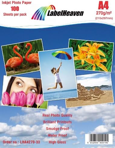 100 Sheets A4 210x297mm 270g/m² Photo paper: glossy and waterproof photo paper, compatible with all current Ink Jet and Photo Printers.