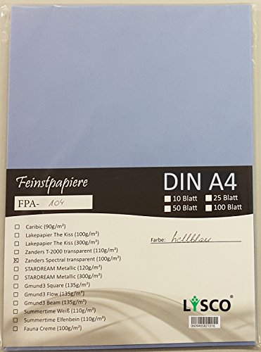 LYSCO® Feinstpapier-Set mit 25 Blatt DIN A4 Transparentpapier Zanders Spectral 100g/m² Farbe hellblau blau transparent exzellente Durchsicht, sehr gute Qualität, mögliche Verwendung: Einladungen, Visitenkarten, Einlegeblätter für Alben, Fotoalben, Gutscheine, Fensterbilder, Bastelarbeiten und vieles mehr