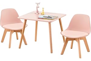 LuxNook Kindertisch mit 2 Stühlen, Kindersitzgruppe, aus FSC nachhaltigem massivem Buchenholz, 1 bis 6 Jahre Kinder, Kindermöbel für Kinderzimmer, Kindergärten, rosa