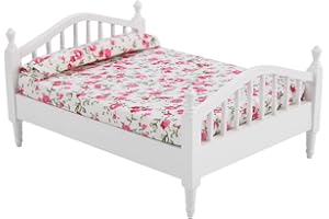 Podwójne łóżko dla Lalek, Akcesoria do Domku dla Lalek Kwiatowy Wzór Mini Meble Podwójne łóżko dla Lalki w Skali 1/12