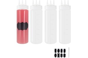 Belinlen 4 Pack 24oz/700ml Plastic Squeeze Sauce Bottles, 3-Hole Squirt Condiment Squeezy Bottles Plastic Squeeze Dispensers with Measurements for Ketchup BBQ Dressing Paint Workshop Art Craft