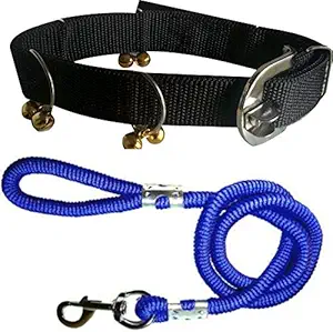 Pedigone Dog Belt Combo of Black Ghungroo Dog Collar with Blue Lead 1.5m Lengthy Dog Collar & Leash for Your Pet Dogs.