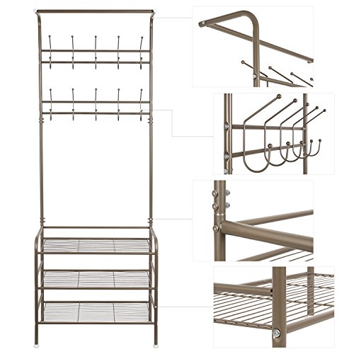 HOMFA Kleiderständer Schuhregal Garderobenständer Garderobenhaken Flurgarderobe Garderobenmöbel 3 Ablagefächer Schuhablagen mit 20 Haken,68.5x34x190cm(Champagnerfarbe) - 3