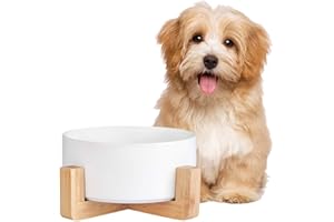 AHX Comedero Perro y Comedero Gato con Soporte Antivuelco de Madera para Comida y Agua - Comederos y Bebederos para Perros Gatos de Ceramica 850 ml