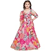 Bitiya by Bhama Girls Pink Flower Digital Multi Print Lace work Choli with Ready to wear Lehenga.