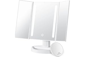 Auxmir Espejo Maquillaje con Luz, Espejo Aumento Pequeño 10X, Espejo Sobremesa Tríptico Táctil Plegable Triple, Giratorio 180 para Tocador Baño Afeitado Depilación, Blanco