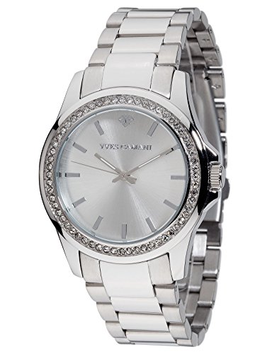 Yves Camani Damen-Armbanduhr Montpellier mit silbernem Edelstahl-Gehäuse und weißem Zifferblatt. Klassische Quarz Damen-Uhr mit Steinbesetzer Lünette und silbernem Edelstahl-Armband Yves Camani Damen-Armbanduhr Montpellier mit silbernem Edelstahl-Gehäuse und weißem Zifferblatt. Klassische Quarz Damen-Uhr mit Steinbesetzer Lünette und silbernem Edelstahl-Armband