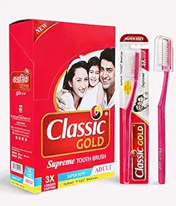 Classic Gold Supreme Super Soft Toothbrushes Pack Of 12 With New Anti Bacterial Crystal Clear Cap
