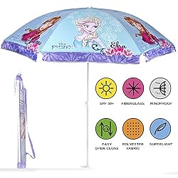 Parasol Bleu Disney La Reine des Neiges Enfants - Imprimé Anna et Elsa - Parasol de Plage Patio Jardin Balcon et Piscine - Résistant au Vent - Hauteur réglable - Diam 125 cm - Indice UV 50+ - Perletti