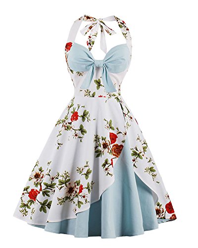 Robe de Bal Polka Vintage pin-up à 'Audrey Hepburn' 50's 60's Rockabilly Halter Dos Nu Bleu Clair M