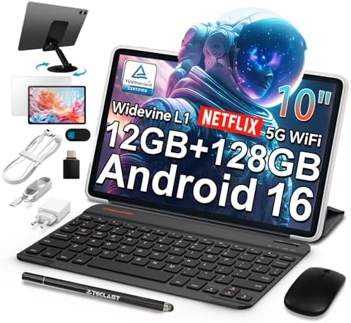 TECLAST P30T Android 16 Tablet 10.1 Pollici, 12GB RAM+128GB ROM(TF 4TB), 2GHz Octa-Core, 5G WiFi/Widevine L1/GPS/BT5/6000mAh/OTG/Tablet con Tastiera+Custodia+Penna+3.5mm Auricolari, 10 Accessori-2026
