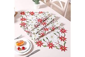 KAHEIGN 38cm x 176cm Corredores De Mesa Navideños, 2 Lados Sabana De Algodon Bordado Camino De Mesa Poinsettia Y Holly Leaf Mantelería para Decoración De Mesa De Boda Decoraciones De Navidad