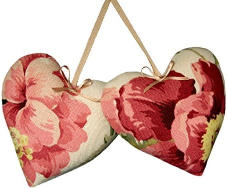 Pair Hanging Hearts Laura Ashley Peony Garden cranberry linen mix fabric