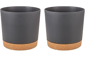 Naseom Plant Pots Set of 2 Pack 12cm, Plant Pot with Drainage Holes and Saucer, Plant Pots Indoor, Plastic Plant Pot, Modern Planters, Flower Pots for House Garden Windowsill (Dark gray)