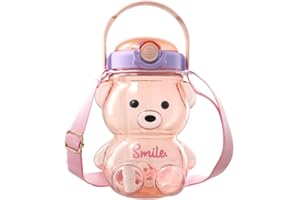 Nivofu Butelka na napoje dla dzieci, butelka na wodę o dużej pojemności, butelka na wodę ze słodkim misiem, przenośna butelka na wodę w kształcie misia ze słomką (fioletowa)