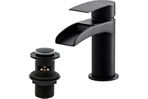 Matte Black Basin Taps with Pop Up Waste, BATHWEST Waterfall Basin Tap with Drain, Monobloc Black Brass Bathroom Sink Taps with Sink Plug 112NBK