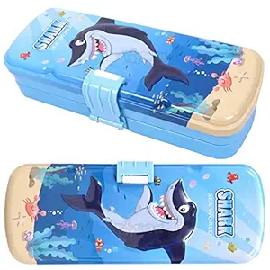 Toyshine Metal Pencil Box with Moving Wheels, Detailed Exterior, Double Comparment for Kids - Shark Black
