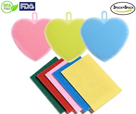 Food Grade Silicone Dish Scrubbers Antibacterial Brushes Multi-purpose Cleaning Brushes Kitchen Sponges for Washing Glass Bottle Pot Pan Fruit and Vegetable 8 Pack (8 Pack heart shape in multi-color)