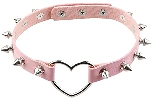 CALFOVERA Gothic Studded Rivets Choker Punk Rock Alloy Hollow Love Heart Collar Cosplay PU Leather Spiked ChokerJewelry Collar Chain Necklace Decorations for Women Party Cosplay Decorations (Pink)