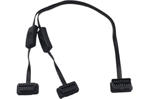 Duttek Switch Car OBD2 1 in 2 Splitter Cable，Ultra Slim Right Angle 16pin Male to Female Y Splitter Cord Diagnostic Extension Cable with Individually Power Switch 2FT/60cm (Two Switch)