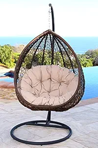 Black Oak Urban Single Seater Swing Chair with Stand & Cushion & Hook for Indoor, Outdoor, Living Room, Balcony, Garden, Patio, Home Improvement (Stand-Brown, Basket-Brown, Cushion-Round Peach)