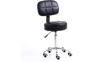 KKTONER Okrągły stołek z oparciem, skóra PU, regulowana wysokość, obrotowa, kreślarska, praca, SPA, stołki salonowe, krzesło z kółkami (czarny)