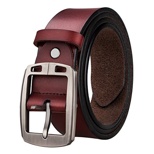 Mens Pin Buckle Belt Cowhide Leather Strap Extra Long Adjustable,Gift for Men(Wine Red)
