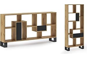 Skraut Home - Scaffale di Design - 168 x 69 x 25 cm - Verticale o Orizzontale - Modello Loft Zig-Zag - Facilità di Montaggio - Resistente - Rovere Scuro e Legno Nero