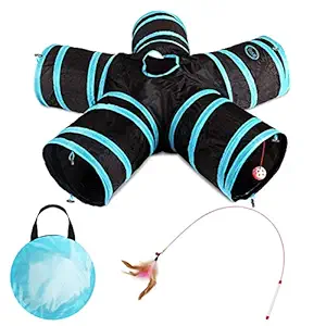 All Prime Cat Tunnel - Also Included is a ($5 Value) Interactive Cat Toy - Toys for Cats - Cat Tunnels for Indoor Cats - Cat Tube - Collapsible 5 Way Pet Tunnel - Great Toy for Cats (Blue 5 Way)