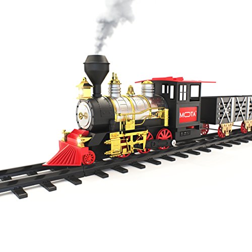 MOTA Classic Holiday Train Set with Real Smoke - Authentic Lights, and Sounds - A Full Set with Locomotive Engine, Cargo Cars, Tracks and Christmas Spirit