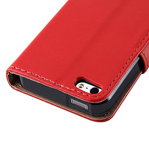 iPhone 5 / 5S / SE - New Flip Wallet Book [Stand View] Premium Leather Case Cover For Apple iPhone 5 / 5S /SE+ Screen Protector With Microfibre Polishing Cloth By Panaaz (Red)