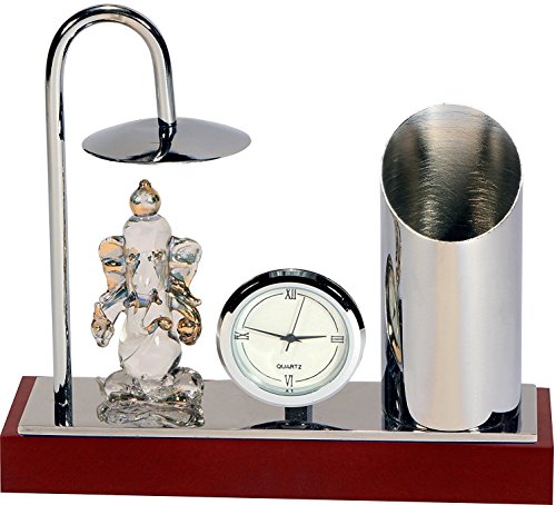 Deals Outlet 365 WB Ganesh Ji Crystal Brass, Stainless Steel and Silver Plating Showpiece with Table Clock, Umbrells and Pen Stand