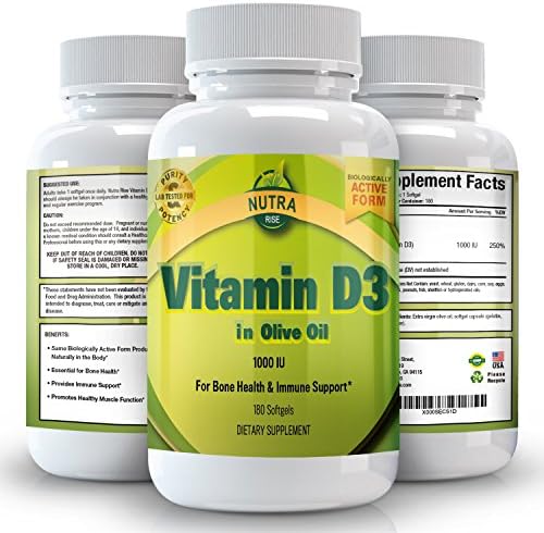 Vitamin D3 1000 IU in Olive Oil, All Natural, Effective and Safe Supplement For Women and Men, Supports Bone, Muscle, Breast, Prostate, Teeth &amp; Immune System - 180 Softgels