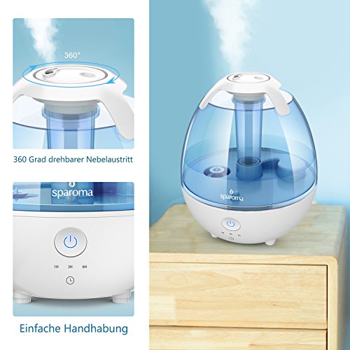 Luftbefeuchter Sparoma, 2L Ultraschall-Raumbefeuchter aus Antibakteriellen Material Kalt Dampf Raumluftbefeuchter mit einstellbar Timer für Schlaf, Wohn und Baby-Kinderzimmer - 4