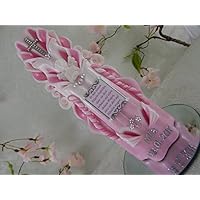 Geschnitzte Taufkerze Kommunionkerze rosa weiß für Mädchen mit Engel Spruch Name und Datum