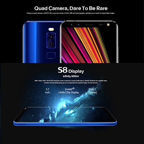 LEAGOO S8 (2018) 4G Smartphone Ohne Vertrag 5,72 Zoll 18:9 2.5D HD IPS GroÃŸer Bildschirm Android 7.0 Dual SIM MTK6750T Octa Core 1.5GHz 3GB RAM+32GB ROM 13MP+2MP+8MP+2MP Kameras Fingerabdruck(Blau)