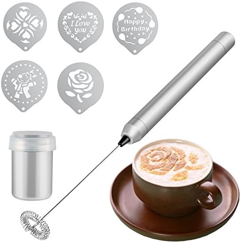 Milk Frother Handheld Electric Coffee Frother with Chocolate Shaker, 5 Pcs Coffee Stencils for Cappuccino, Coffee, Latte, Hot Chocolate (Includes Milk Frother Stand)