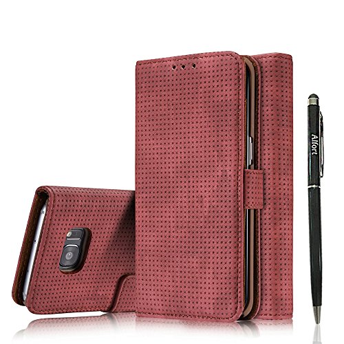 Samsung Galaxy S7 Hülle, Samsung Galaxy S7 Schutzhülle Leder Hülle, Alfort 2 in 1 Retro Ledertasche Gasdurchlässig Design Dual Use Falten Premium PU Leder Tasche Case Cover Flip Mappen Kasten Abdeckung für Samsung Galaxy S7 ( Nein Edge ) 5.1" Smartphone Funktion Standfunktion Unterstützte Telefone mit einem Magnetverschluss ( Rote ) + Alfort Schwarz Stylus Pen