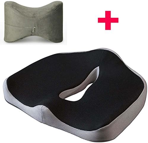 BNT 2016 Newest High Density Memory Foam Seat Cushion Chair Pads for Lower Back, Tailbone and Sciatica Pain Relief with Knee/Leg Pillow + Ultra Soft Removable Bamboo Cover (Black&Gray)