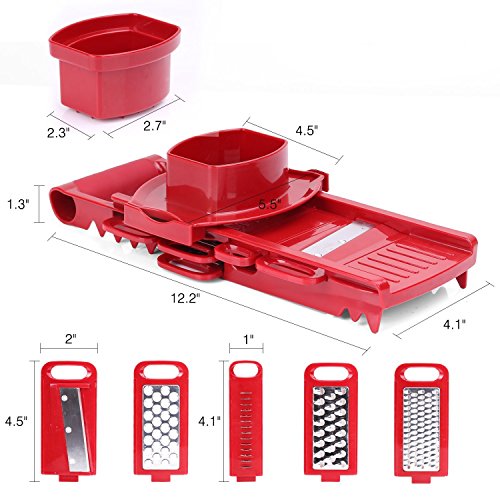 Nuovoware Multischneider für Gemüse Obst, Verstellbarer 5 in 1 Profi-Mandoline Reibe Gemüseschneider mit 5 Edelstahl Klingen, Nahrungsmittelsicherheits-Halter und eine Push-Sicherheit, Rot - 6
