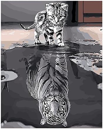 DIY Digital Oil Painting, Paint by Number Kit for Home Wall Decor Art Gift, Cat and Reflection of Tiger