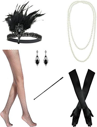 1920 Accessories Set for Women Gatsby Fancy Dress Costume Accessories -Flapper Headband Pearl Necklace Gloves Cigarette Holder Net Tights