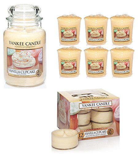 Offizielles Yankee Candle 19-teiliges Geschenk Set Vanilla Cupcake, großes Glas, Duft Teelichter und Votivkerzen
