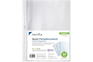Pryma Busta Forata A3 30x42 cm – Confezione da 10, Trasparente e Lucida, Resistente con Fori Universali per Raccoglitori, Perfetta per Documenti e Disegni
