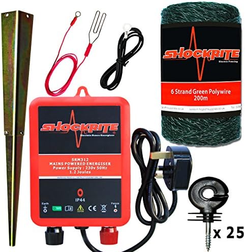 Electric Fence Mains Energiser SRM312 200m Green Polywire 25 Ring Insulators