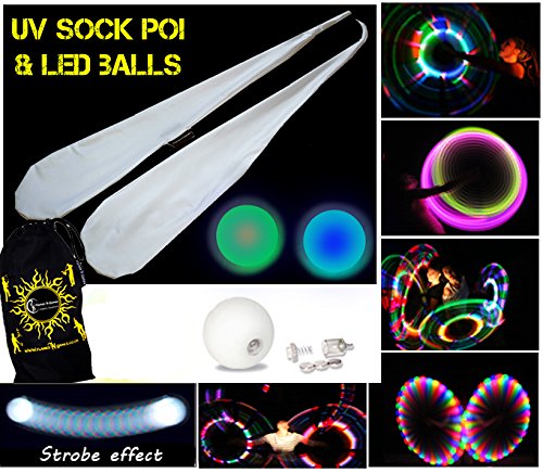 Lycra extensible Paire de blanc Chaussettes de Bolas (Sock Poi) Flames N Games avec 2x ultra-lumineux LED Glow balles (Effet stroboscopique rapide)